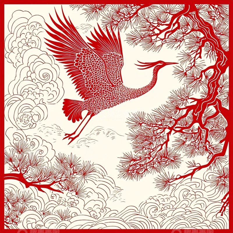高清大图下载【趣麦麦图】红鹤飞翔松枝图