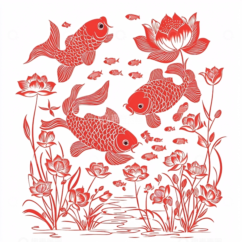高清大图下载【趣麦麦图】红色鲤鱼莲花图