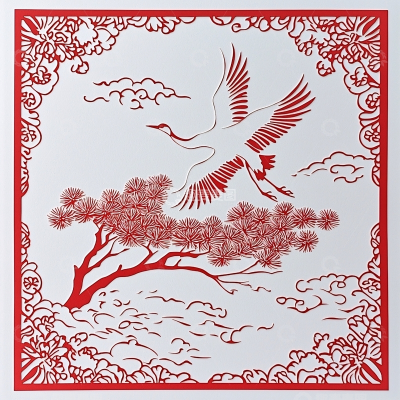 高清大图下载【趣麦麦图】红鹤松树剪纸图案