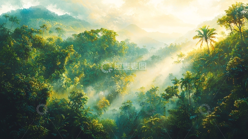 高清大图下载【趣麦麦图】热带雨林日出雾气缭绕