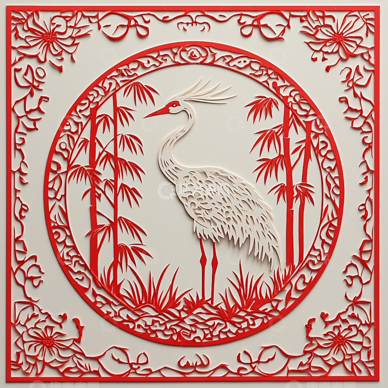 高清大图下载【趣麦麦图】红色剪纸仙鹤竹子图案