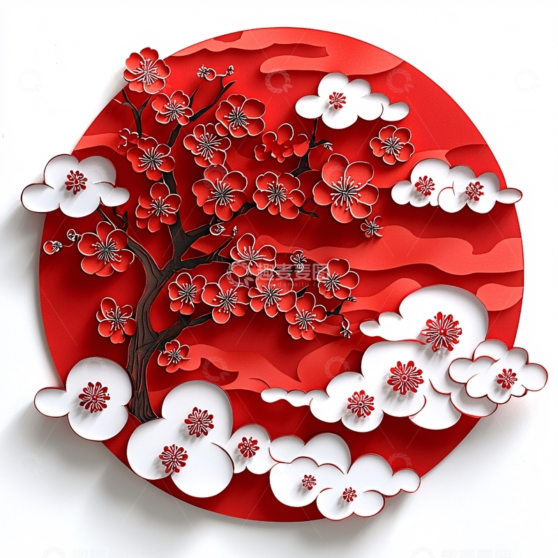 高清大图下载【趣麦麦图】红梅剪纸圆形图