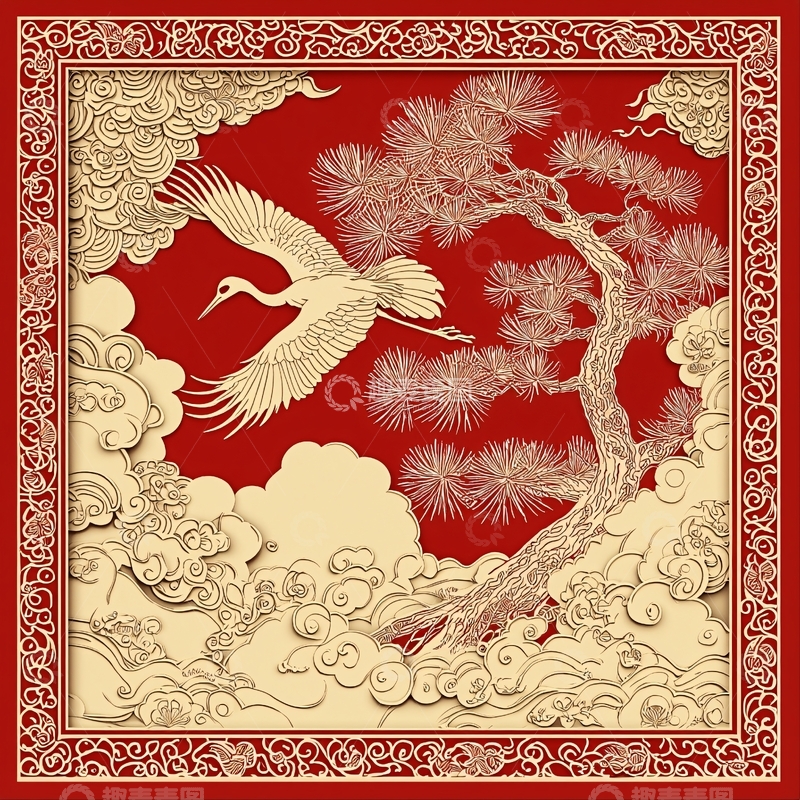 高清大图下载【趣麦麦图】红色祥云松鹤图