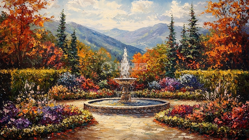 高清大图下载【趣麦麦图】秋日花园喷泉风景画