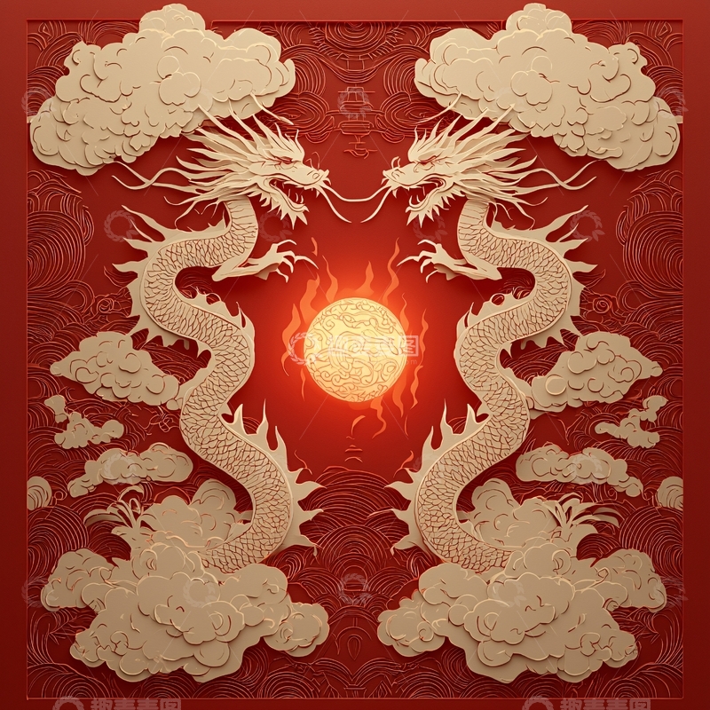 红底祥云双龙戏珠