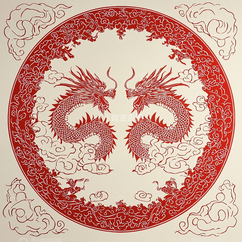 高清大图下载【趣麦麦图】红底双龙戏珠纹样