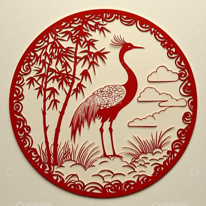 高清大图下载【趣麦麦图】圆形剪纸仙鹤图