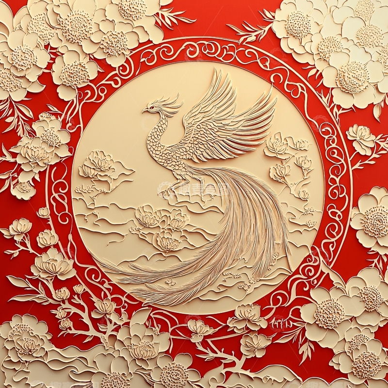 高清大图下载【趣麦麦图】红底白雕凤凰图
