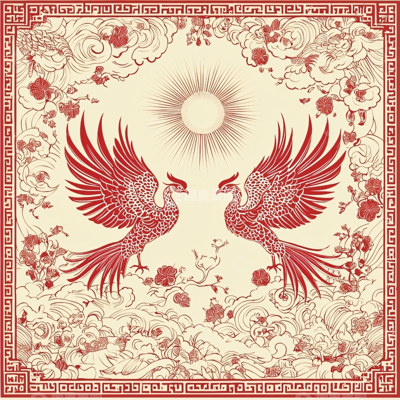 高清大图下载【趣麦麦图】红底祥云双凤纹样