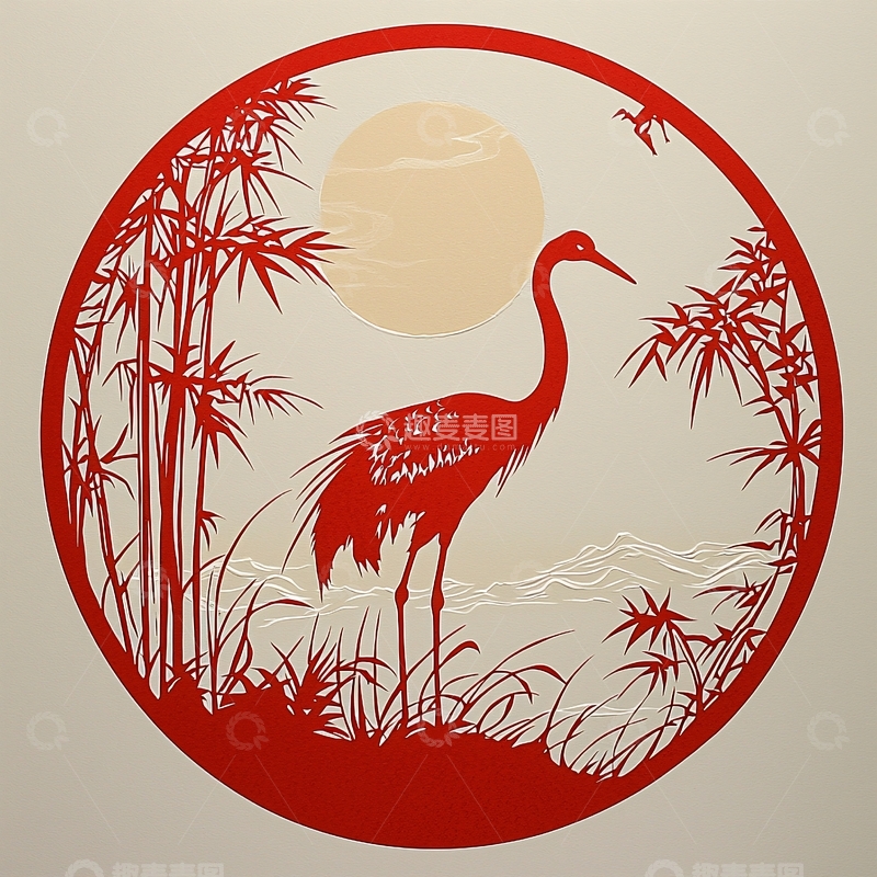 高清大图下载【趣麦麦图】红色剪纸仙鹤
