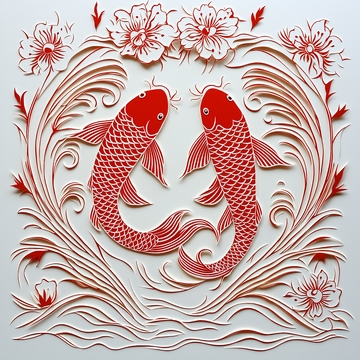 红鲤鱼花卉剪纸