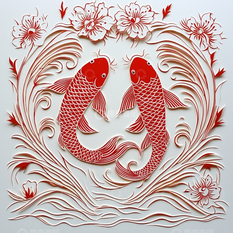 高清大图下载【趣麦麦图】红鲤鱼花卉剪纸