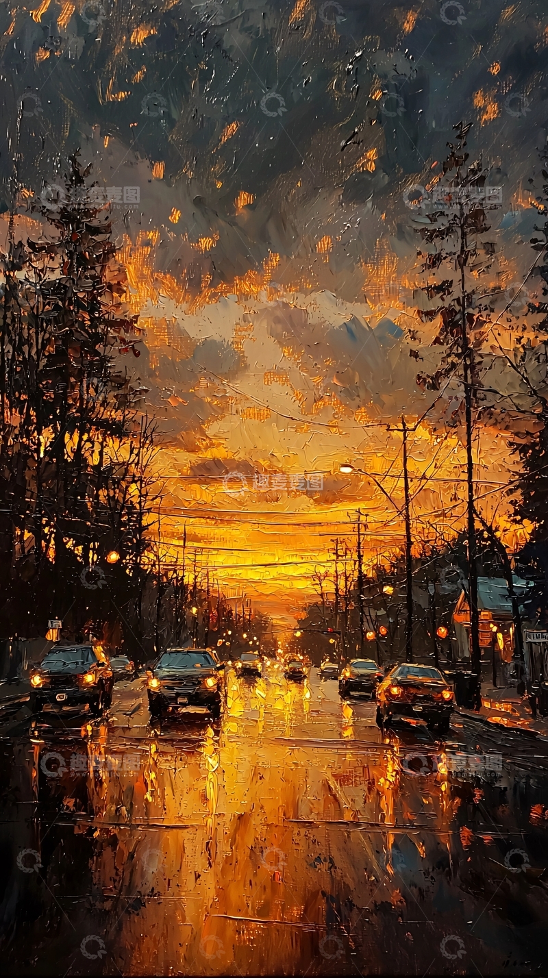 高清大图下载【趣麦麦图】雨后黄昏街道风景
