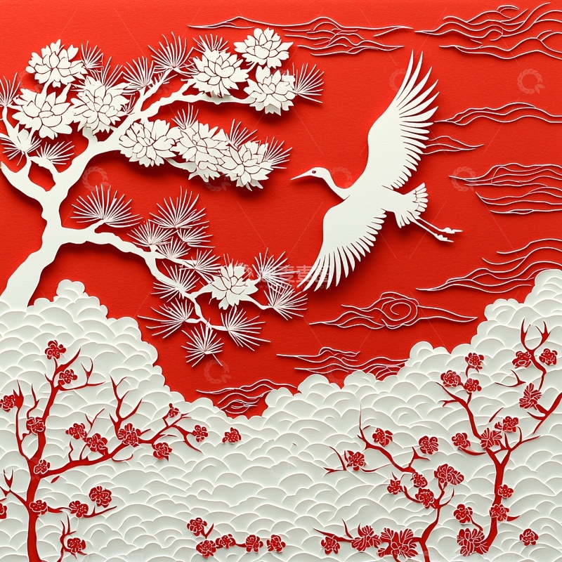 高清大图下载【趣麦麦图】红色背景白色剪纸风格仙鹤与树木