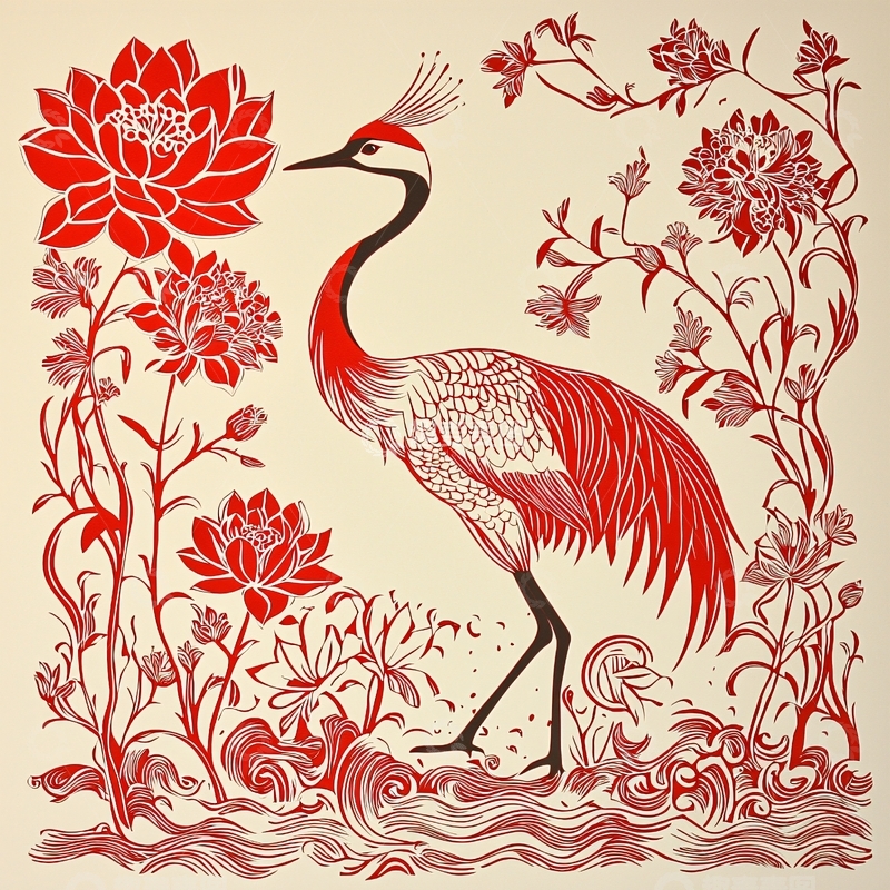 高清大图下载【趣麦麦图】红色仙鹤花卉的剪纸风格图