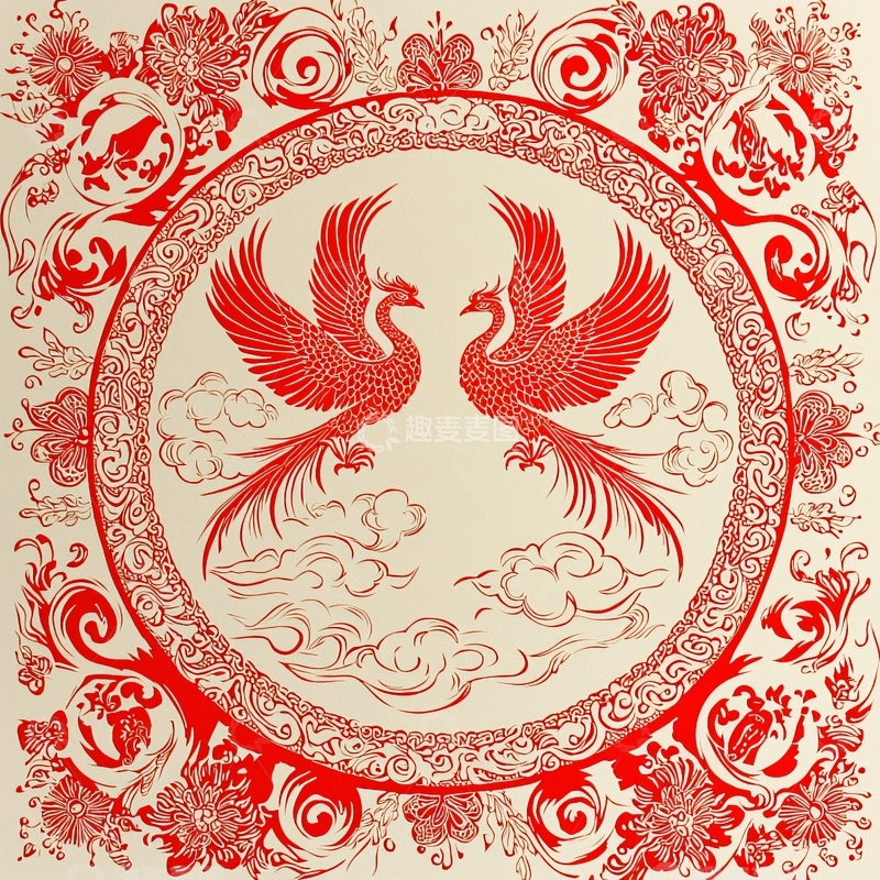 高清大图下载【趣麦麦图】红双凤纹样图案