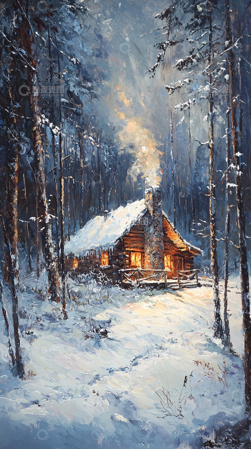 高清大图下载【趣麦麦图】雪夜森林木屋