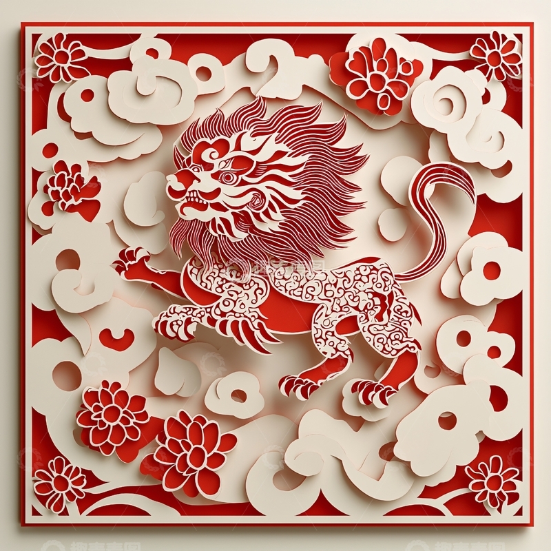 高清大图下载【趣麦麦图】红色剪纸祥狮图案