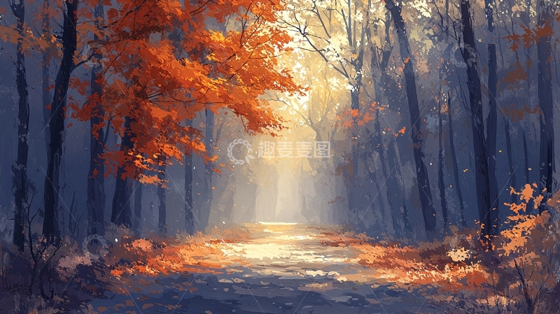 高清大图下载【趣麦麦图】秋日森林小路阳光透过树林