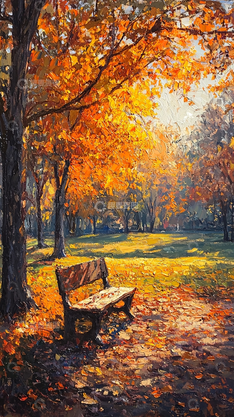 高清大图下载【趣麦麦图】秋日公园长椅落叶