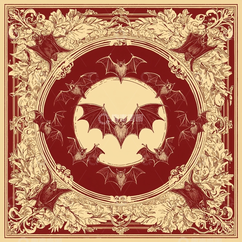 高清大图下载【趣麦麦图】红棕色复古蝙蝠图案方巾