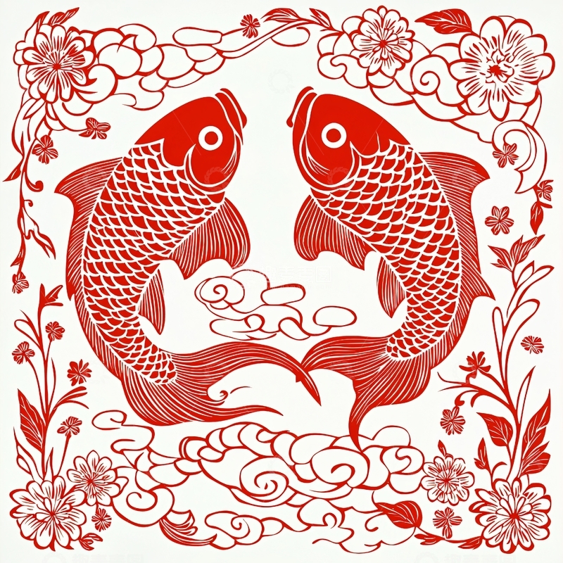 高清大图下载【趣麦麦图】红鲤鱼剪纸图案