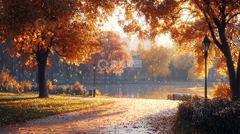高清大图下载【趣麦麦图】秋日公园阳光洒在小路上