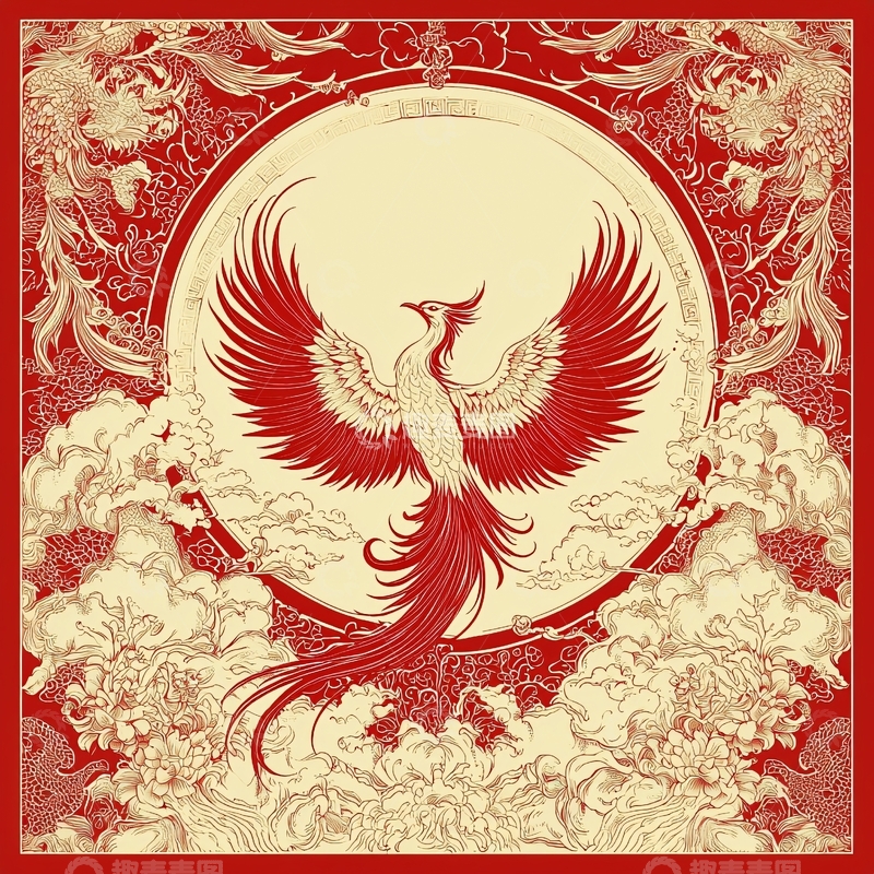 高清大图下载【趣麦麦图】红底祥云纹理凤凰图