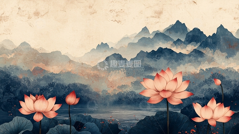 高清大图下载【趣麦麦图】水墨山水荷花