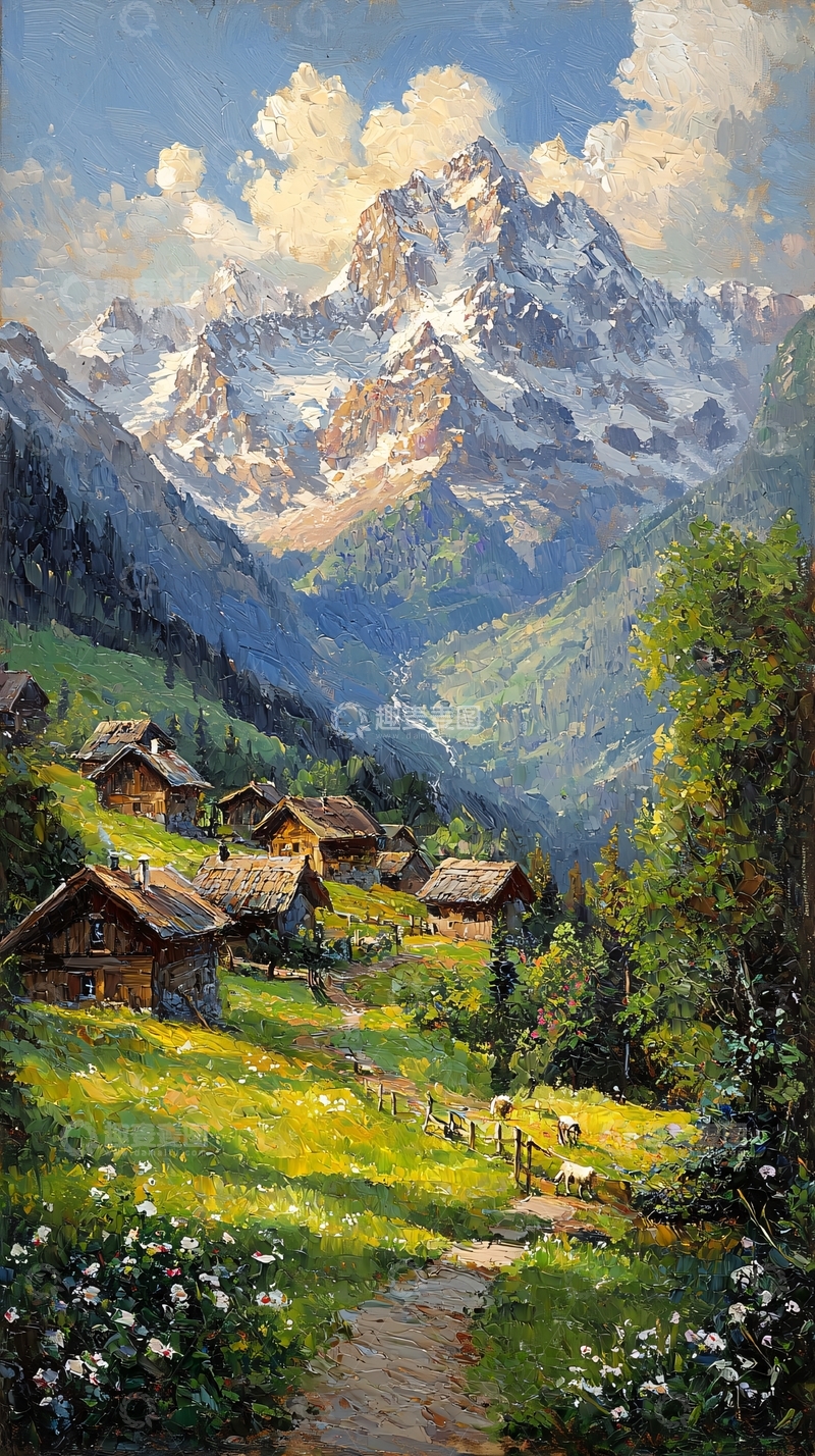 高清大图下载【趣麦麦图】阿尔卑斯山乡村风景画