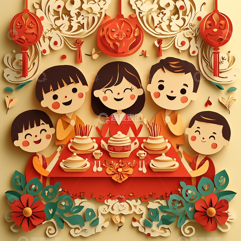 高清大图下载【趣麦麦图】合家欢喜过年团圆饭