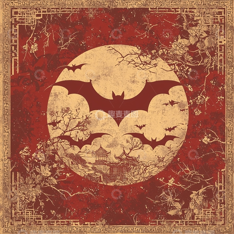 高清大图下载【趣麦麦图】中式复古蝙蝠月亮