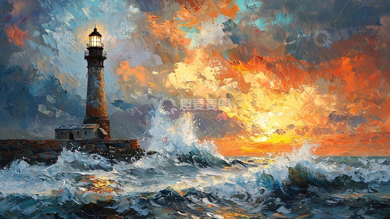 高清大图下载【趣麦麦图】灯塔海浪日落风景画