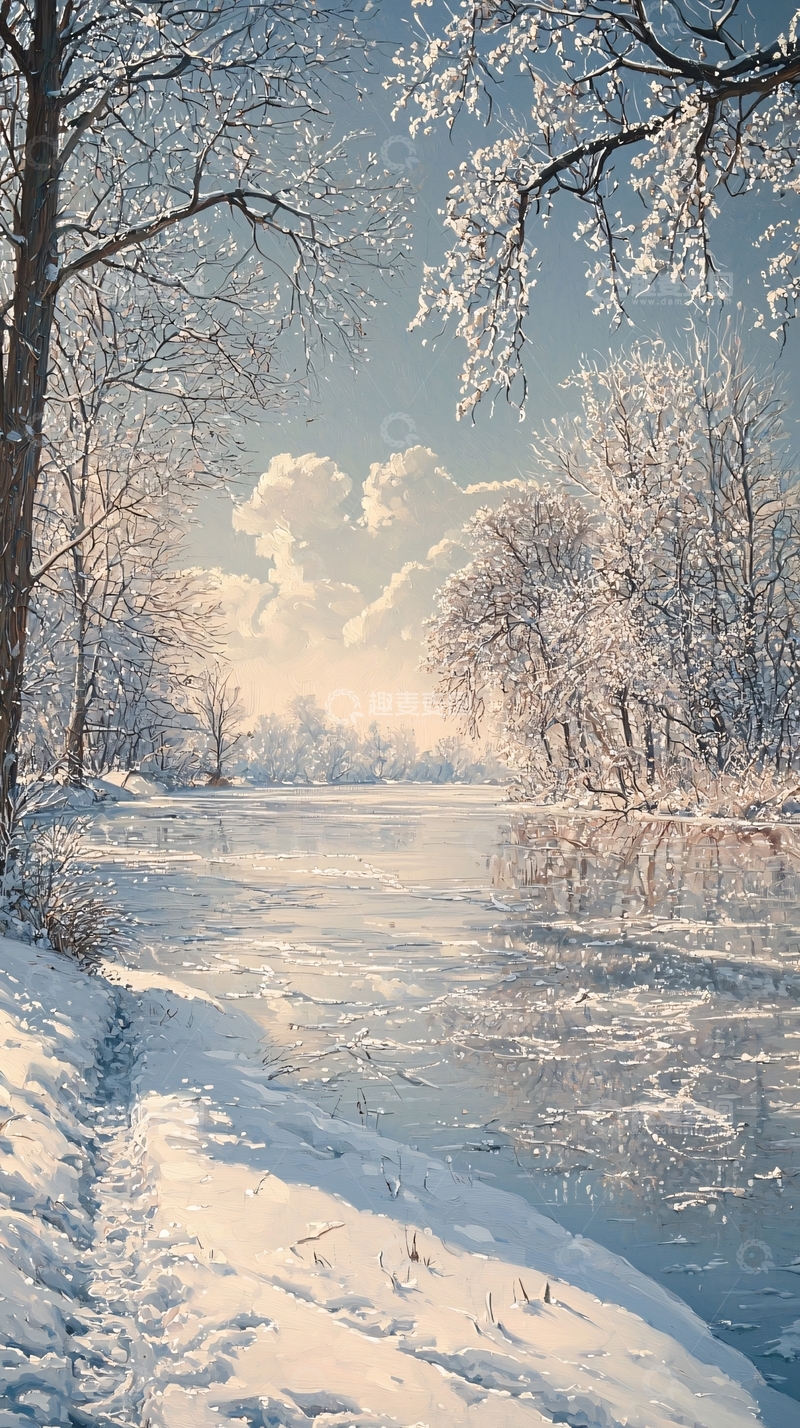 高清大图下载【趣麦麦图】冰封河流冬日暖阳