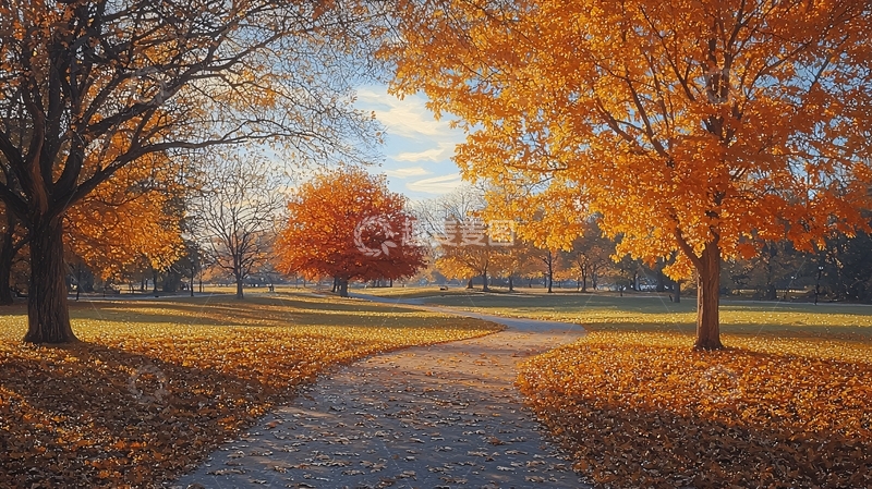 高清大图下载【趣麦麦图】秋日公园小路落叶