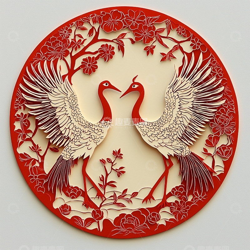 高清大图下载【趣麦麦图】红底白鹤剪纸圆形装饰画