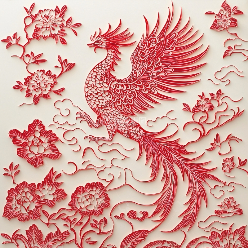 高清大图下载【趣麦麦图】红纸雕刻凤凰图