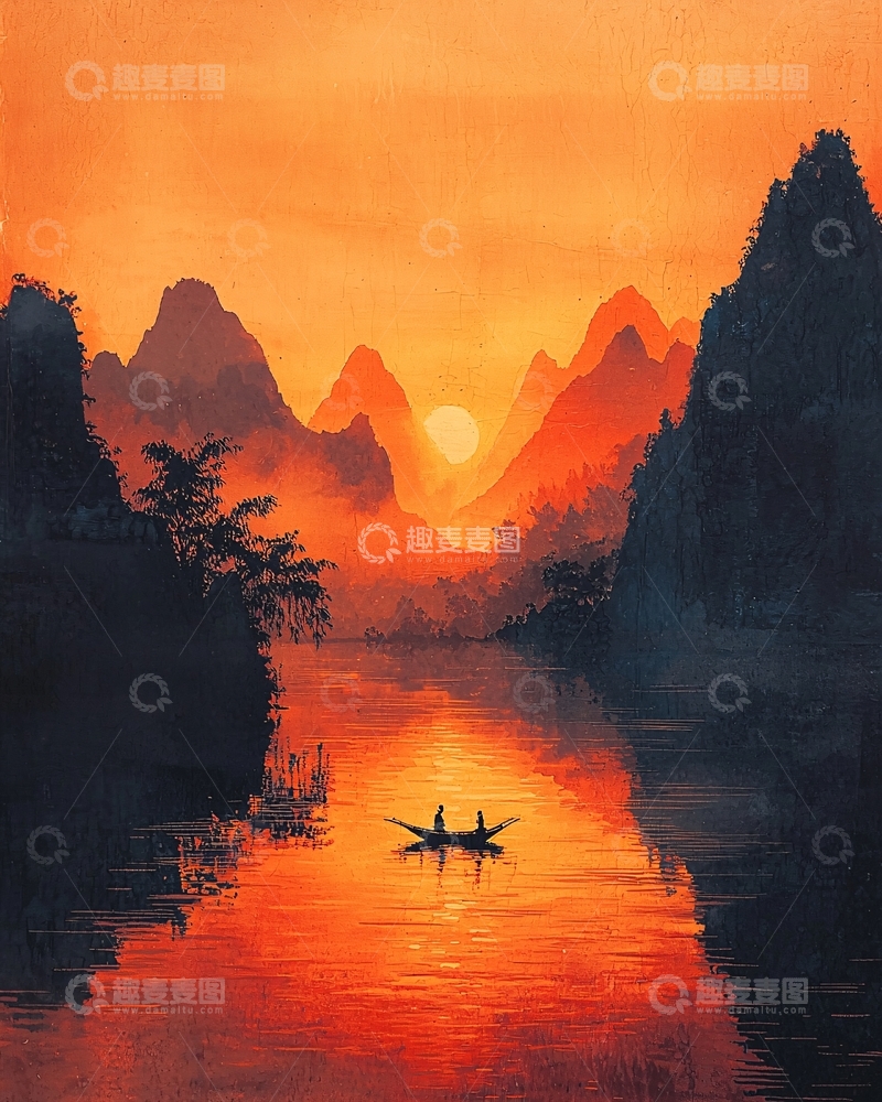 高清大图下载【趣麦麦图】夕阳西下山水画