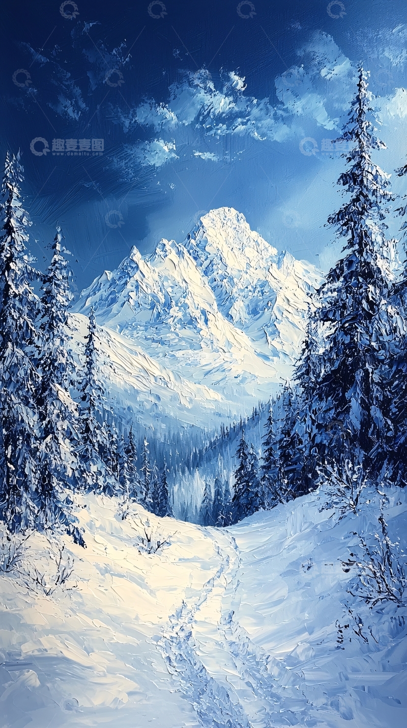 高清大图下载【趣麦麦图】雪山森林风景画
