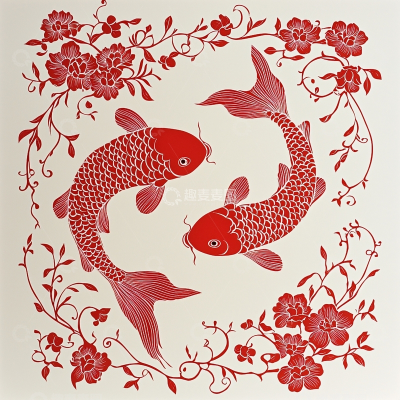 高清大图下载【趣麦麦图】红鲤鱼花卉图案