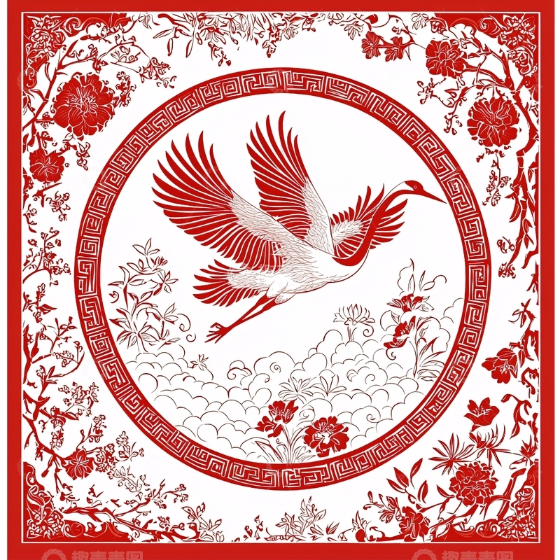 高清大图下载【趣麦麦图】红底白鹤纹样图案
