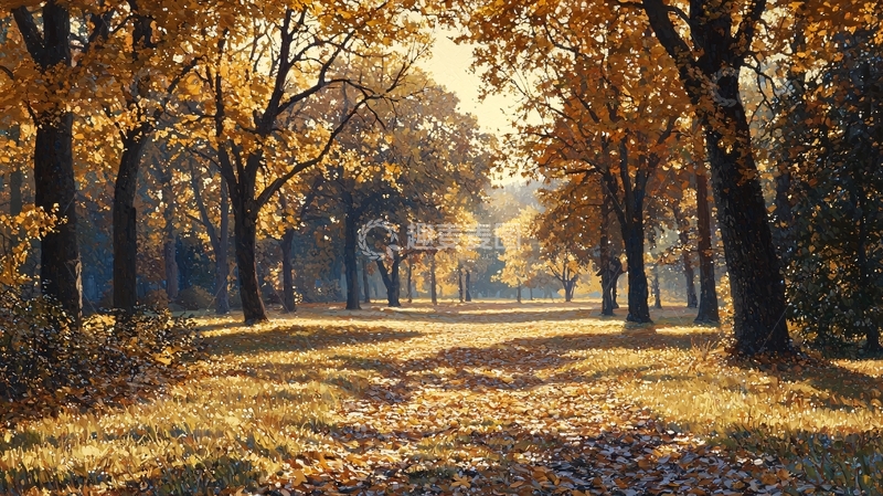 高清大图下载【趣麦麦图】秋日森林阳光洒满落叶小路