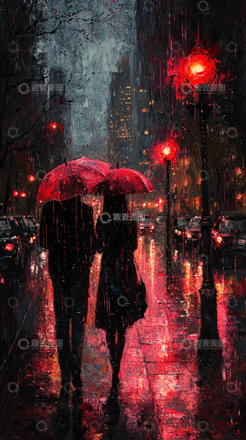 高清大图下载【趣麦麦图】雨中情侣红伞