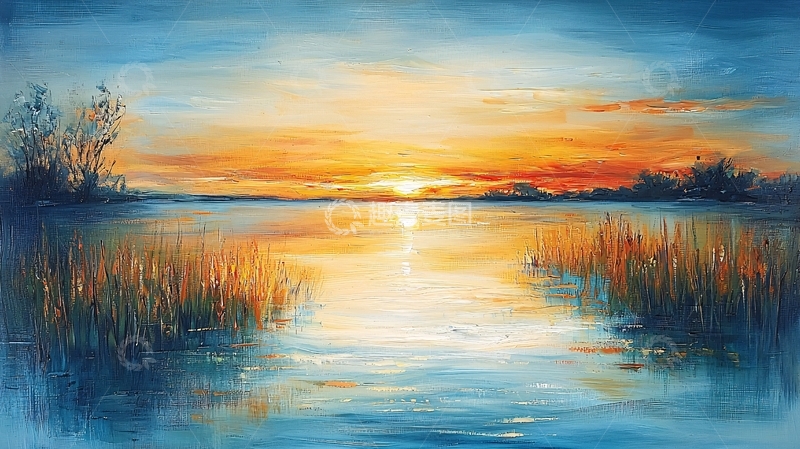 高清大图下载【趣麦麦图】平静湖面日落景色