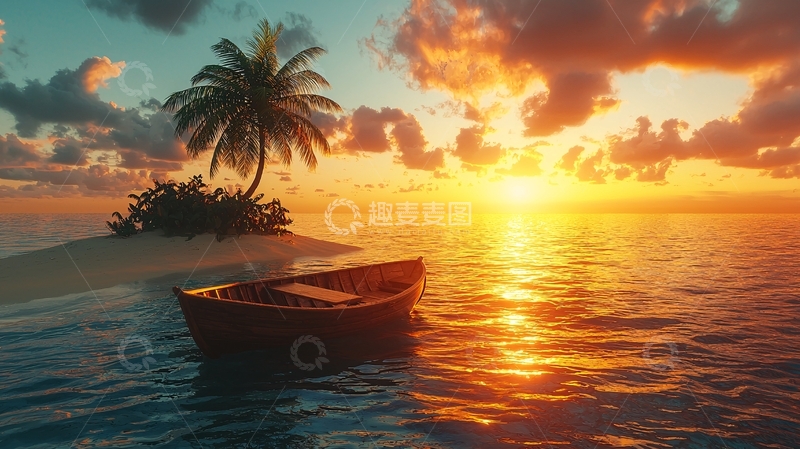高清大图下载【趣麦麦图】热带岛屿落日小船