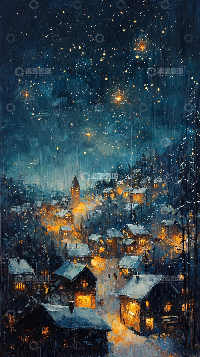 高清大图下载【趣麦麦图】星空下的雪夜小镇