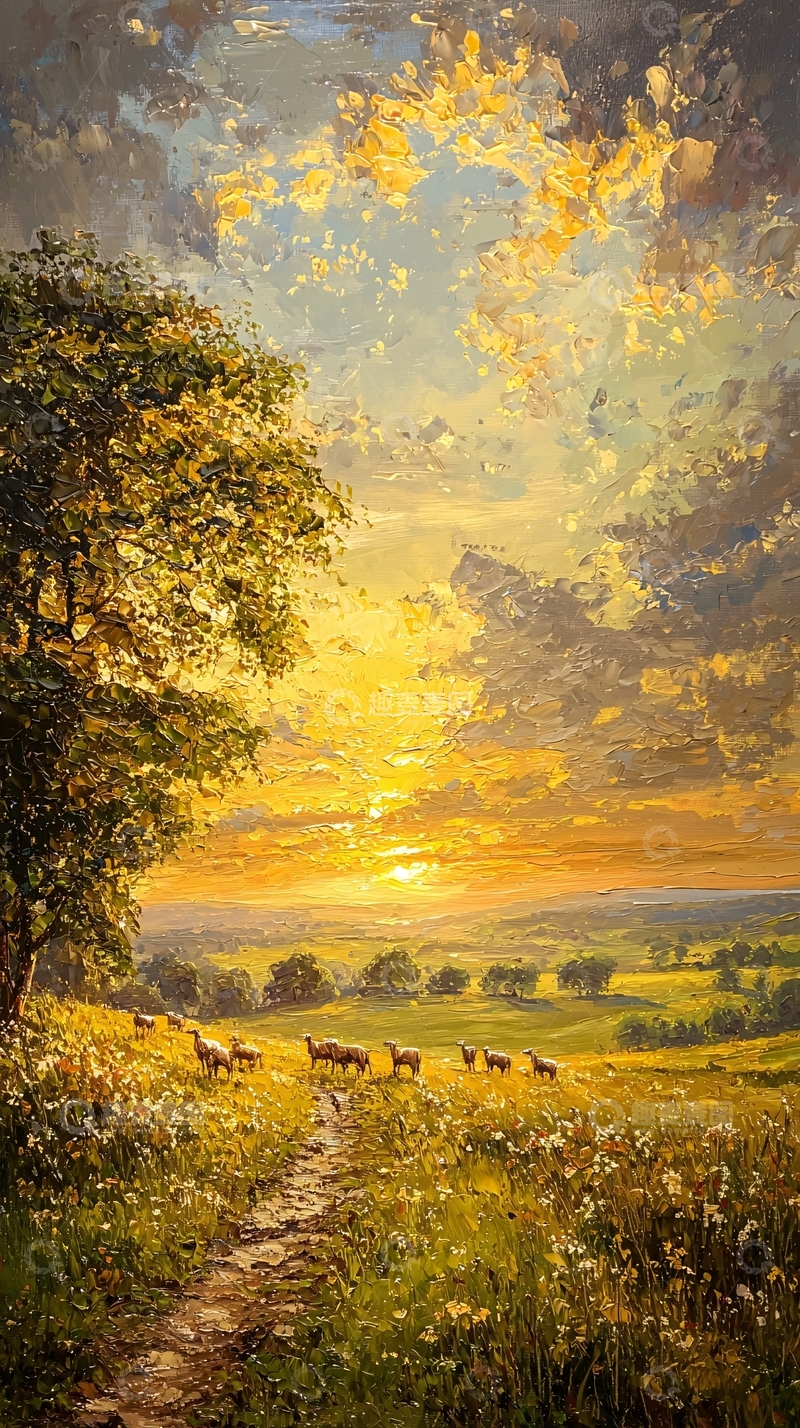 高清大图下载【趣麦麦图】夕阳下田园牧歌式风景画