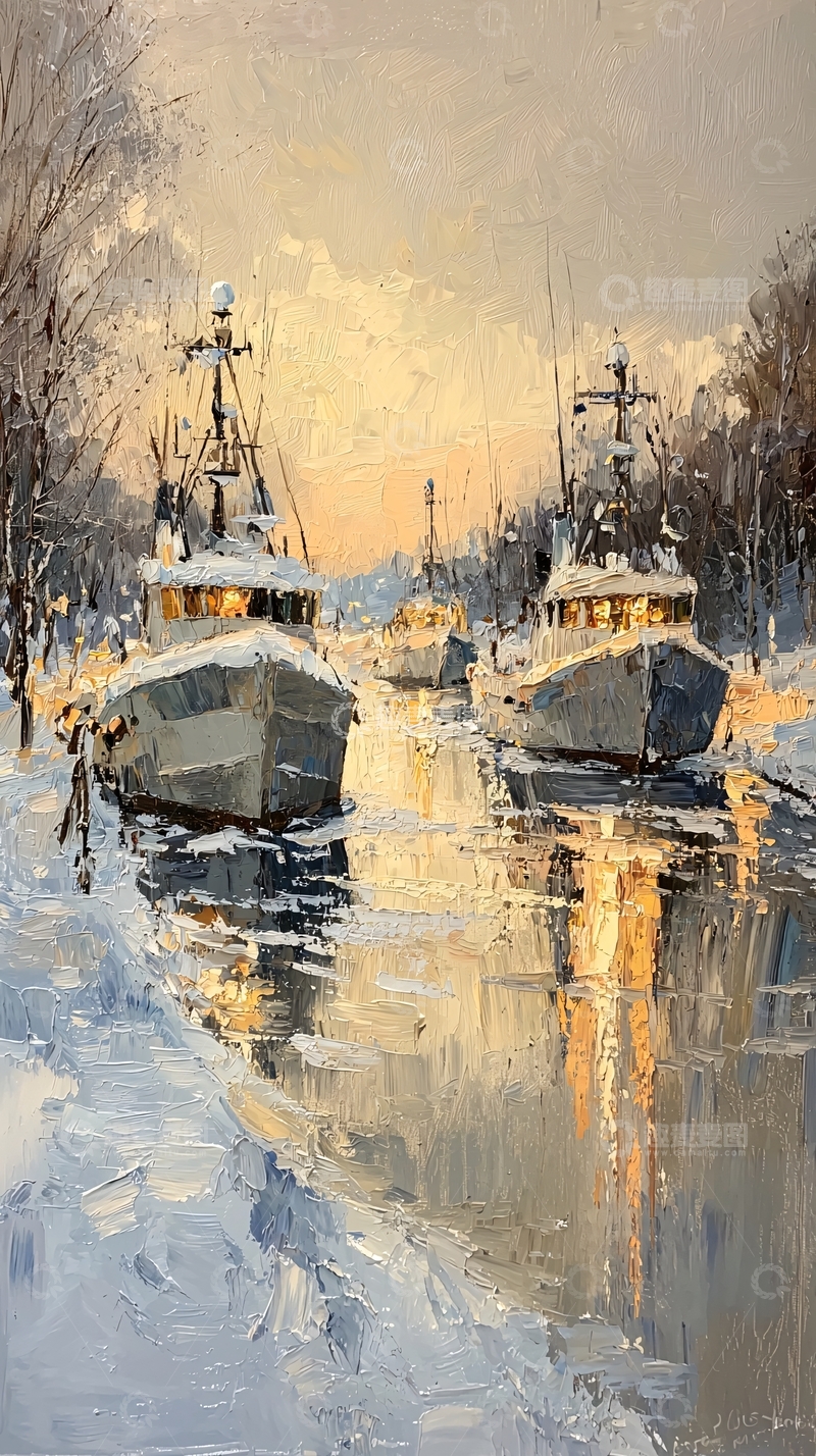 高清大图下载【趣麦麦图】雪中码头停泊的渔船