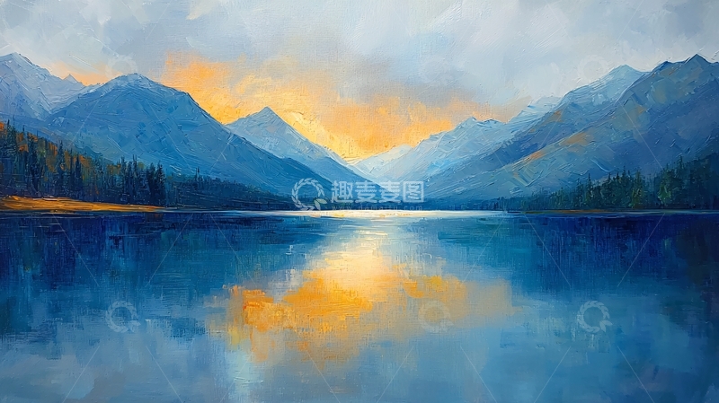 高清大图下载【趣麦麦图】蓝调山湖日落