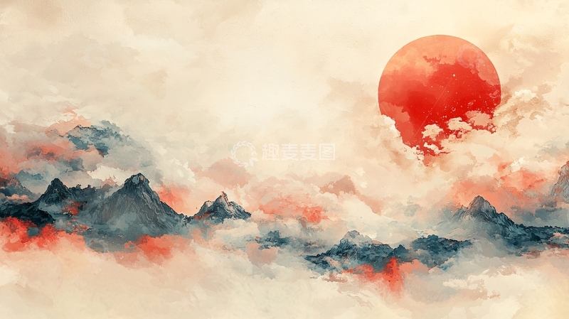 高清大图下载【趣麦麦图】水墨山水云雾日出意境风景画